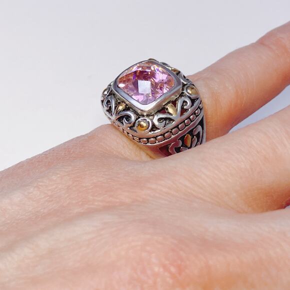 Baroque Revival Pink CZ Ring Size 5.5 Ornate Chunky Wide Band Cubic Zirconia - Picture 4 of 9